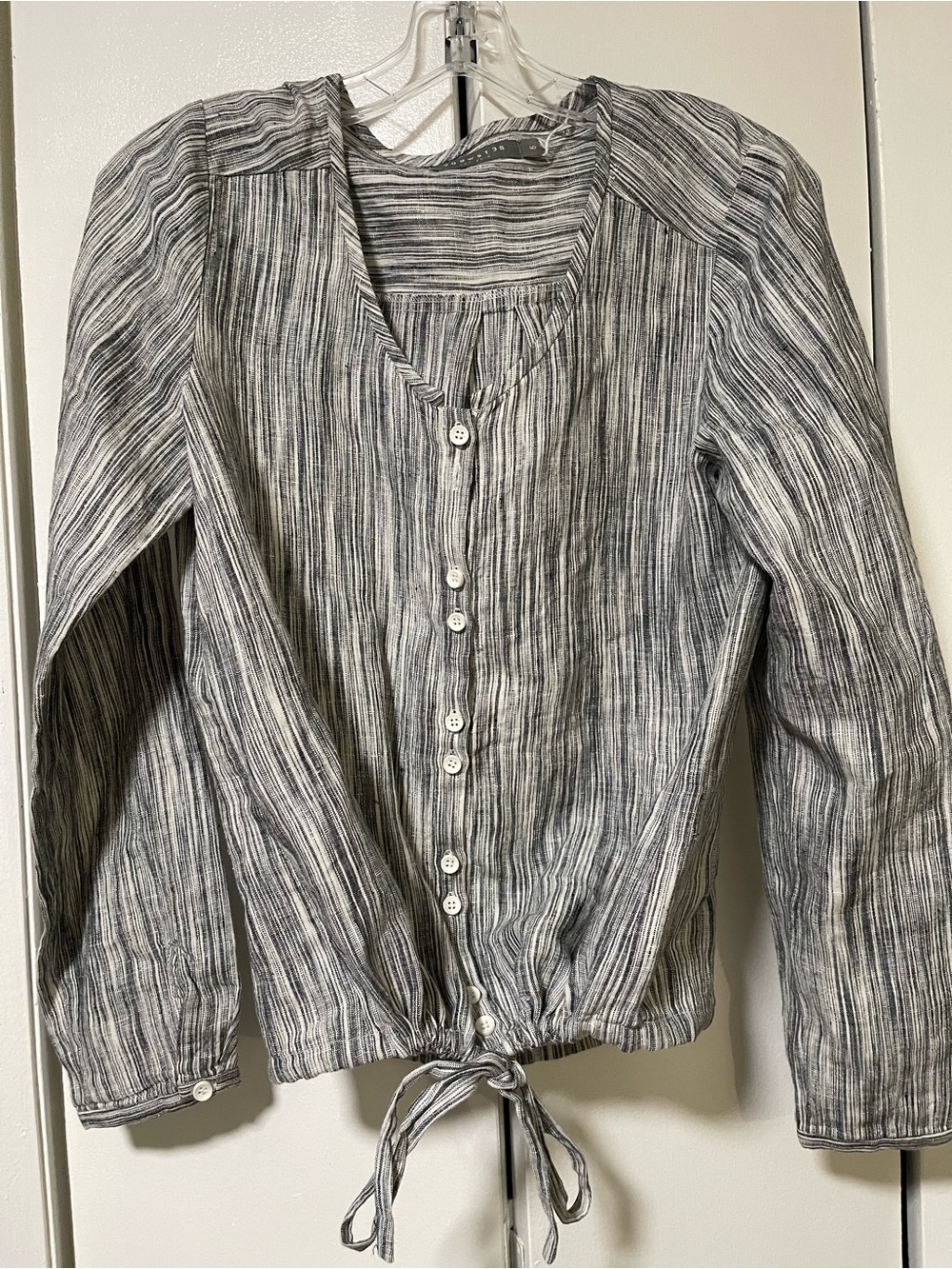 209wst38 Gray/Blue Button-Down Striped Blouse